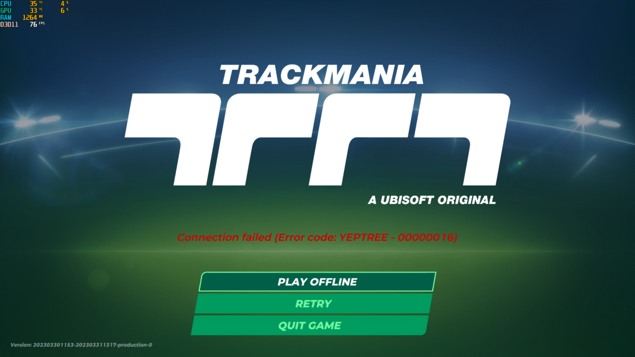 Trackmania Login screen with YEPTREE error